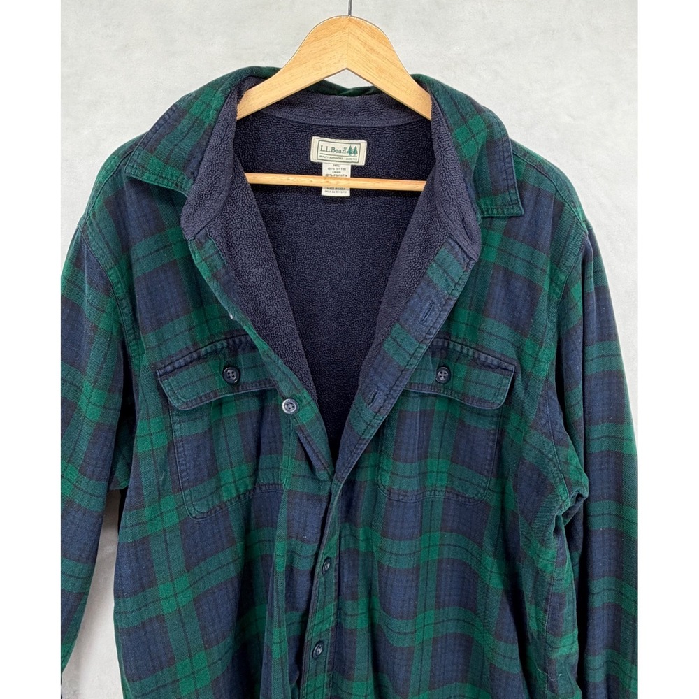 LL Bean Mens Fleece Lined Flannel Shirt Jacket Black Watch Plaid Green Large L - Picture 2 of 7